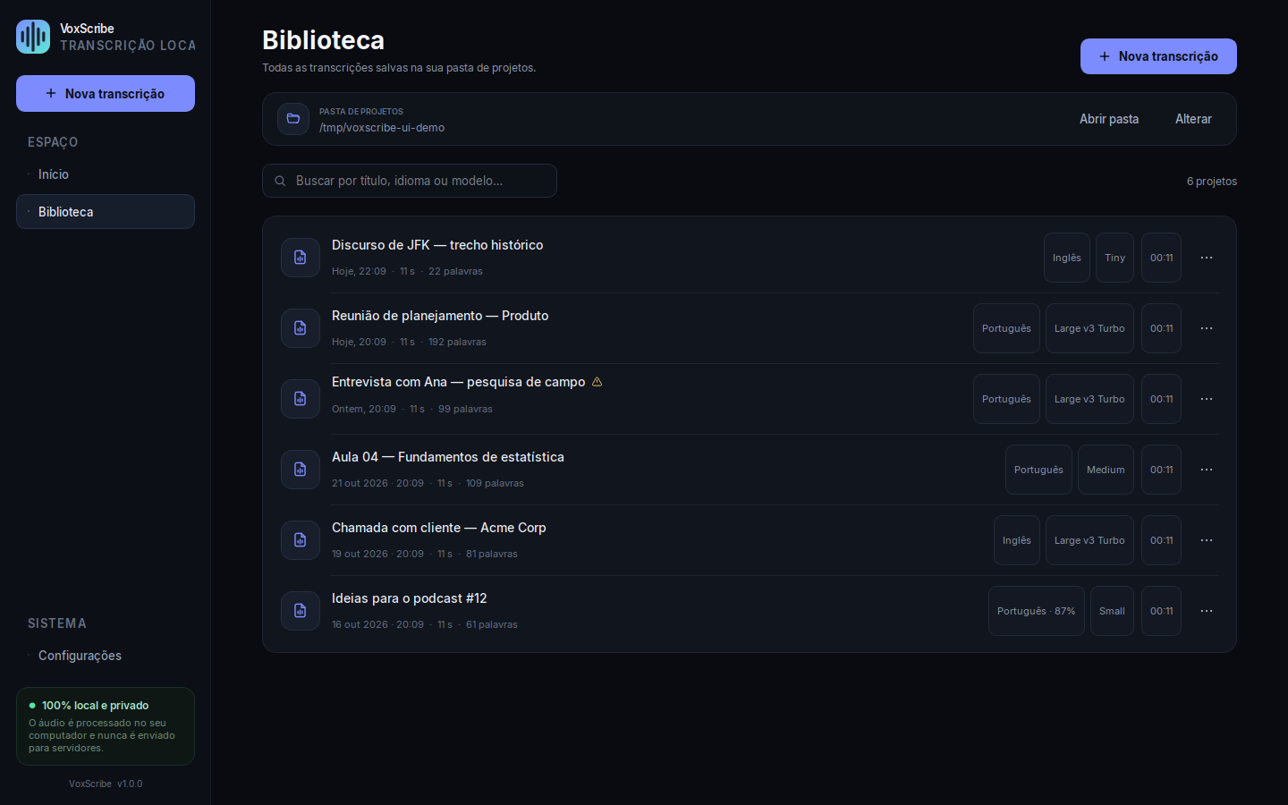 Biblioteca de projetos do VoxScribe