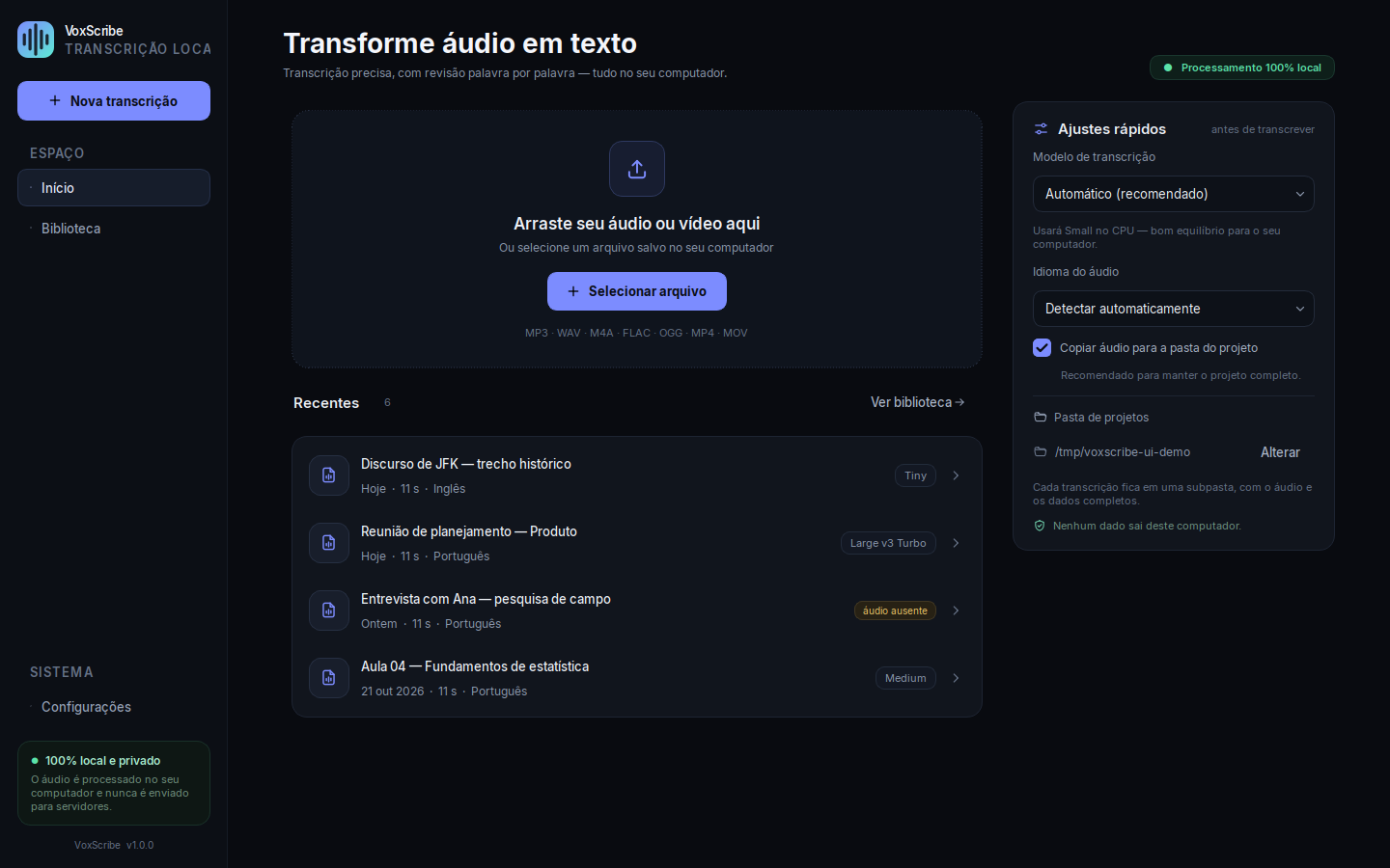 Tela inicial do VoxScribe
